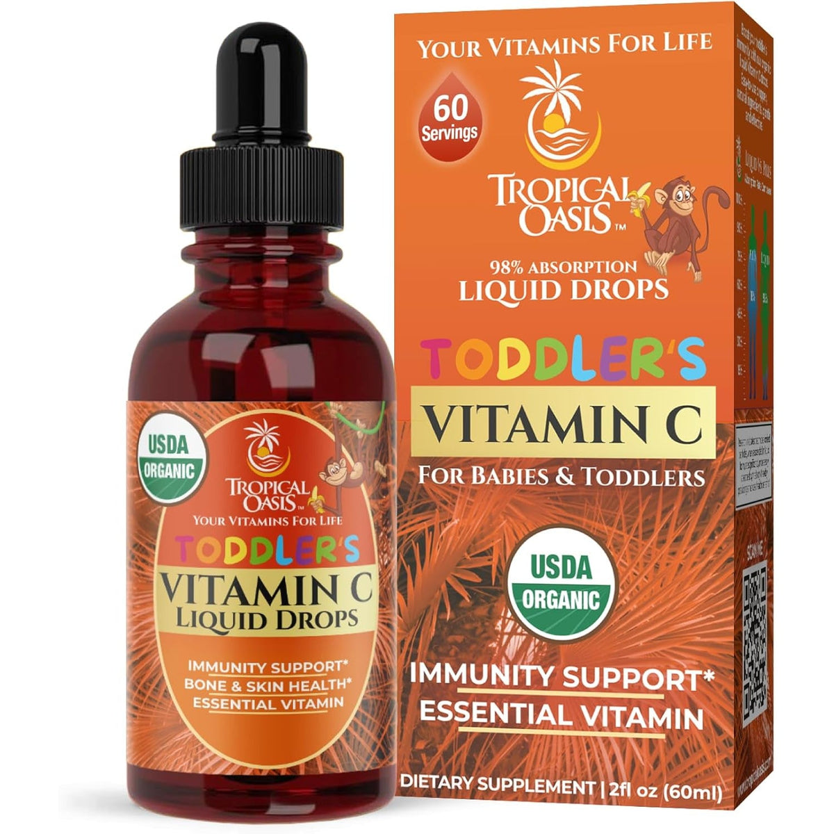 USDA Organic Toddler Vitamin C Drops | Organic Vitamin C Liquid Drops for Toddlers & Babies Ages 1-3 Years | Supports Healthy Immune System | Vegan | Non-Gmo | Gluten Free | 60 Servings