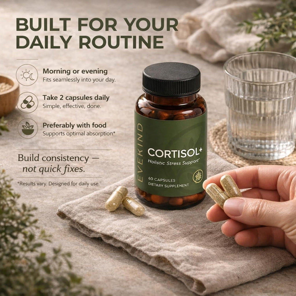 EVEKIND Cortisol Supplement for Women | Stress Support for Mood, Energy & Hormone Balance | Calm, Focus & Daily Reset | Adaptogen Blend with KSM-66® Ashwagandha, Rhodiola, L-Theanine | 60 Capsules