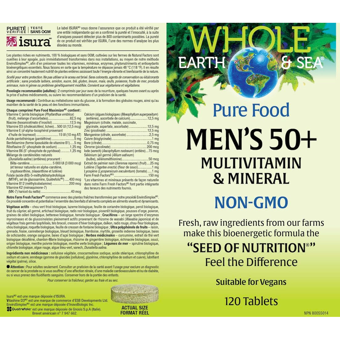 Natural Factors Whole Earth & Sea Men'S 50+ Multivitamin & Mineral - Daily Nutritional Support Multivitamin - Supports Brain Health & Immune System Function - Vegan - 120 Tablets (60 Servings)