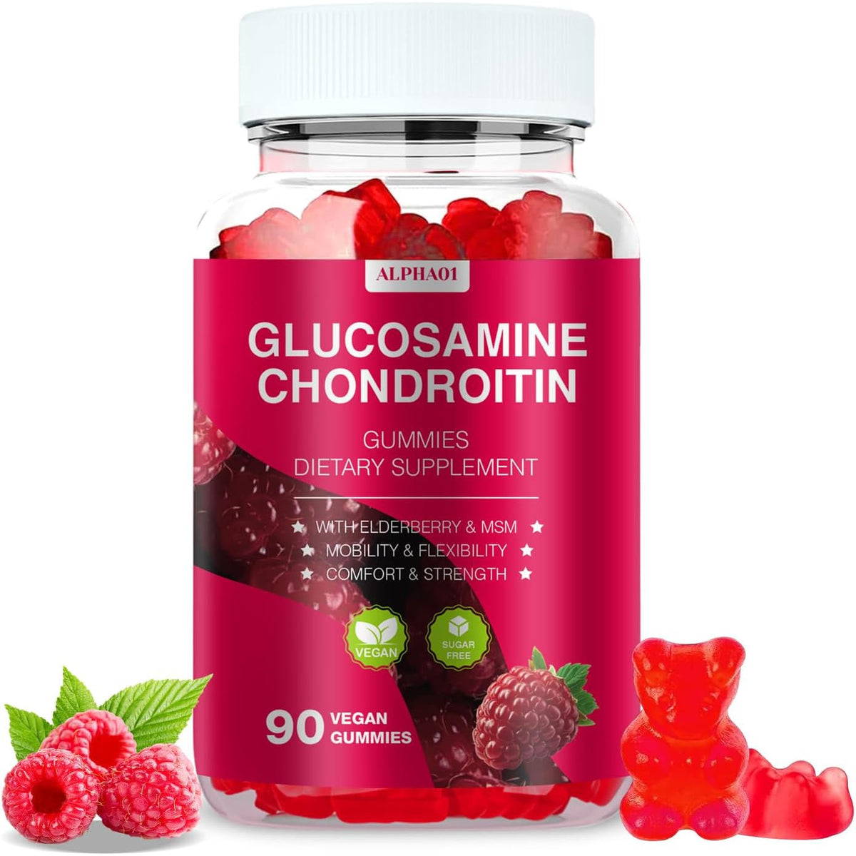 Glucosamine Chondroitin Gummies - 3000MG Extra Strength Joint Support Supplement with MSM & Elderberry, Flexibility, Antioxidant Immune Support Gummy for Adults, Men & Women - 90 Raspberry Gummies