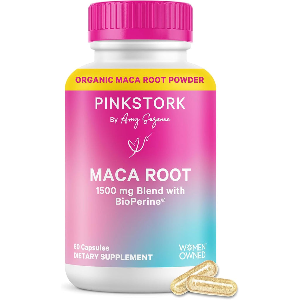 Pink Stork Maca Root Capsules for Women – Organic Maca with Bioperine® for Hormonal Balance, Energy + Wellness – Supports Perimenopause, Menstrual Health, and Vitality