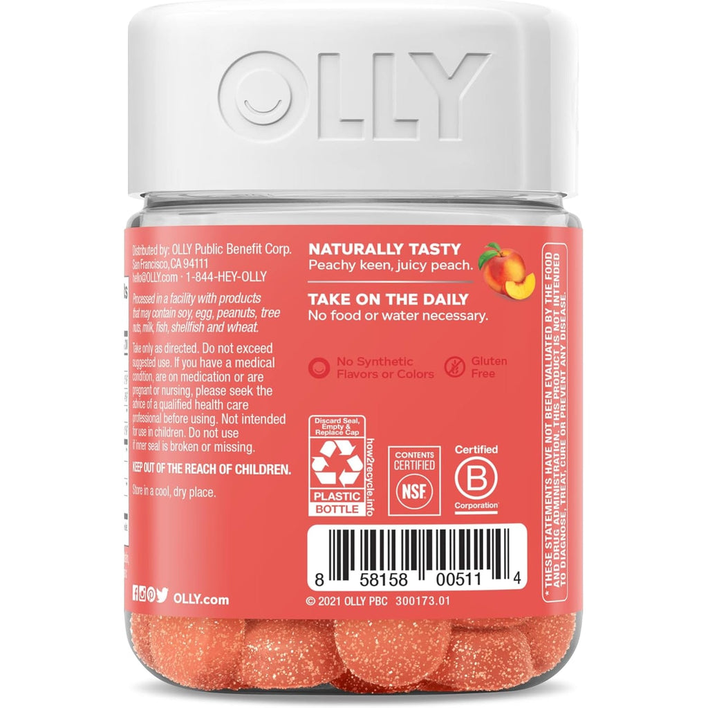 Olly, Probiotic + Prebiotic Gummy, 500 Million Cfus, Fos, Adult Chewable Supplement for Men and Women, Peach Flavored, 30 Day Supply, 30 Count