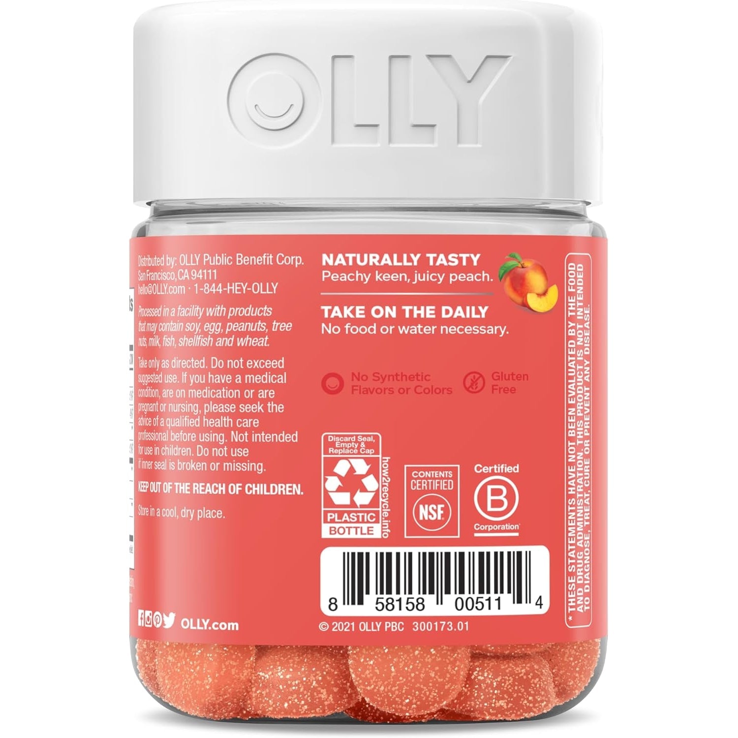 Olly, Probiotic + Prebiotic Gummy, 500 Million Cfus, Fos, Adult Chewable Supplement for Men and Women, Peach Flavored, 30 Day Supply, 30 Count