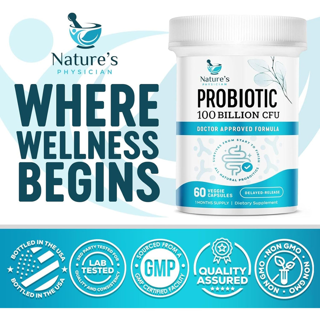 Nature'S Physician Probiotics - 100 Billion CFU per Capsule - 16 Strains + Prebiotics - Best Probiotic Supplement for Women & Men - Supports Immune, Digestive Health, Constipation & Gas - 60 Capsules