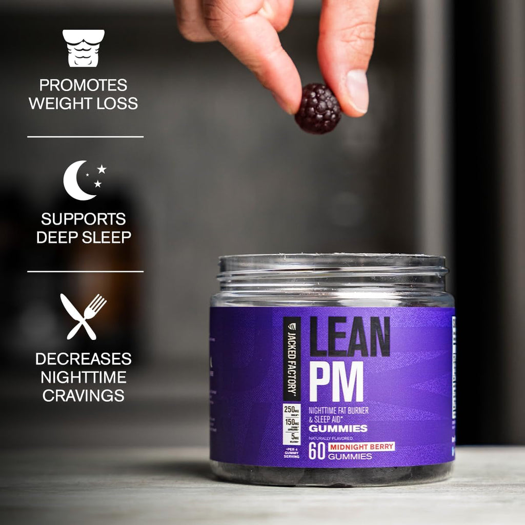 Jacked Factory Lean PM Weight Loss Gummies - Night Time Fat Burner & Appetite Suppressant Sleep Supplement with Melatonin & Ashwagandha - 60 Metabolism Gummies, Midnight Berry