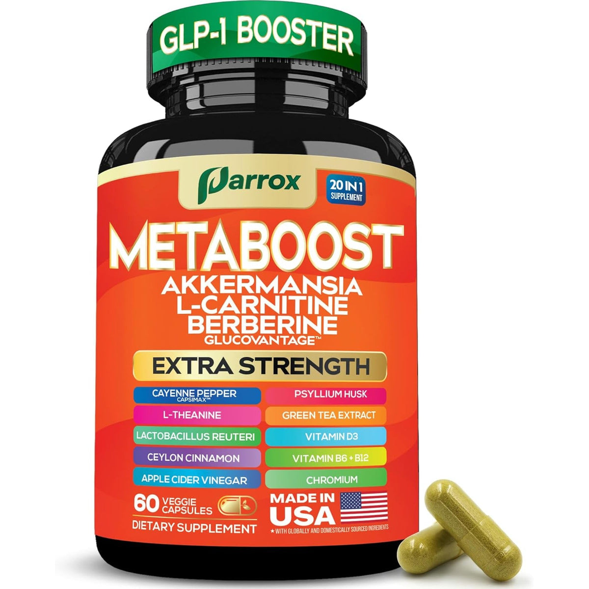 GLP-1 Booster Supplement, Akkermansia, L-Carnitine, Berberine (Glucovantage), Methylfolate, Methylated B12, Chromium, Capsimax, Psyllium Husk, Probiotics Vitamins D3, B6, 20-In-1 Plant-Based (60 Caps)