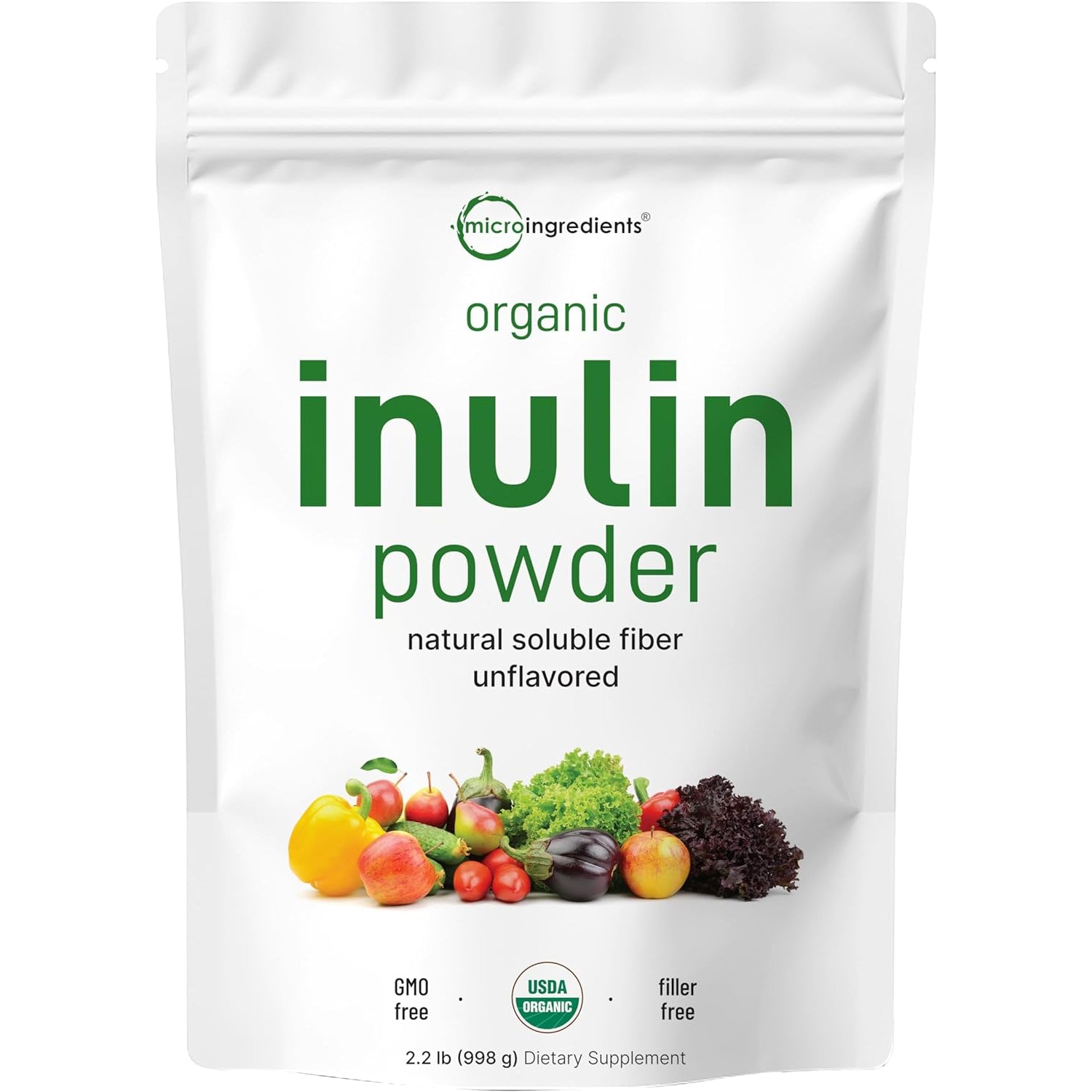 Micro Ingredients Organic Inulin FOS Fiber Powder, 2.2 Lbs | Quick Water-Soluble Prebiotic | Natural Fiber for Smoothies & Drinks | Vegan Friendly, Dissolves Clear