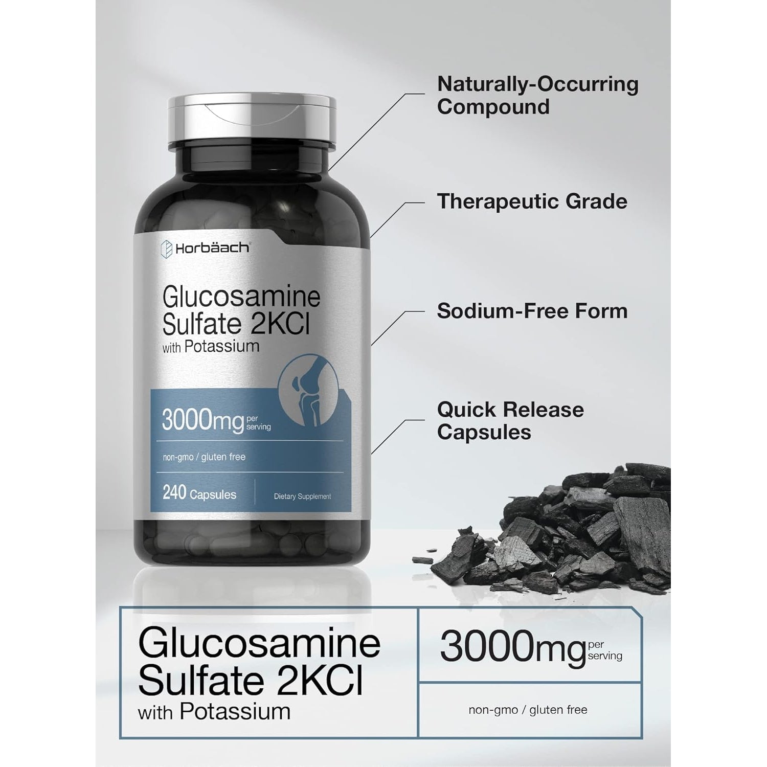 Horbäach Glucosamine Sulfate 2KCI with Potassium | 3000Mg | 240 Capsules | Non-Gmo and Gluten Free Supplement