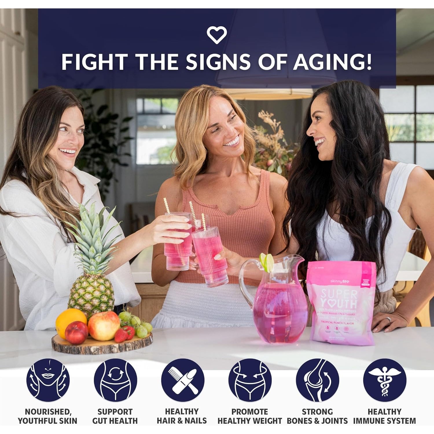 Skinnyfit - Super Youth Collagen for Women - Multi Collagen Peptides Powder - Probiotics, Fiber, Hyaluronic Acid - Non GMO, Gluten Free, Sugar Free - Beauty & Self Care - Tropical Punch (28 Servings)