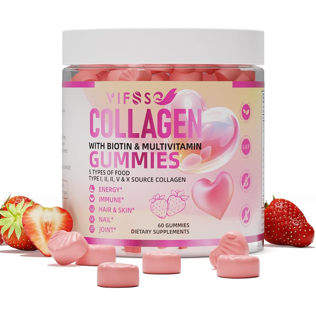 VIFSSG Collagen Peptide Gummies for Women,60 Gummies Sugar-Free Hydrolyzed, Extra Strength 2500Mg Protein Type I,II,III,V,X with 15000Mcg Biotin and Vitamin a B6 B12 C D E for Hair Skin Nail