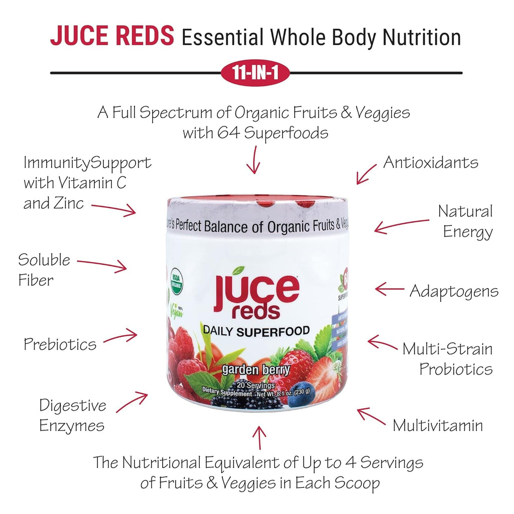 Terra Kai Organics JUCE Reds Organic Superfood Powder - Garden Berry Flavor | Fruit & Veggie Powder for Everyone W/64 Immune Boosting Superfood plus Probiotics for Gut Health | 20 Servings (230G)