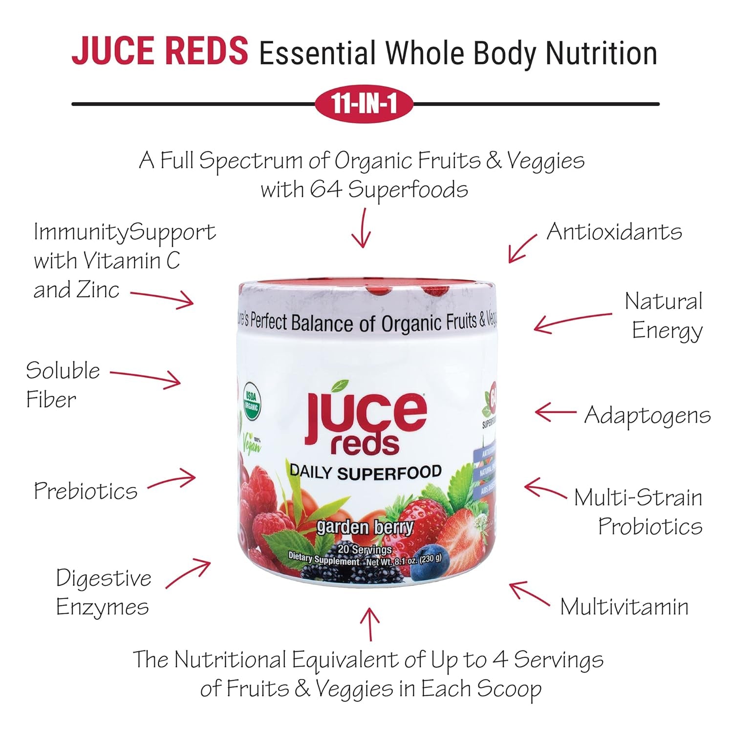 Terra Kai Organics JUCE Reds Organic Superfood Powder - Garden Berry Flavor | Fruit & Veggie Powder for Everyone W/64 Immune Boosting Superfood plus Probiotics for Gut Health | 20 Servings (230G)
