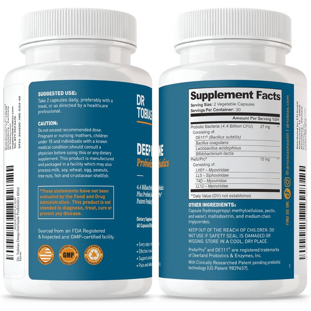 Dr. Tobias Deep Immune Probiotics & Prebiotics - Dual Action Digestion & Immune Support with Preforpro Prebiotics & Delayed Release Spore Forming Probiotics for Women & Men - 60 Capsules (30 Servings)
