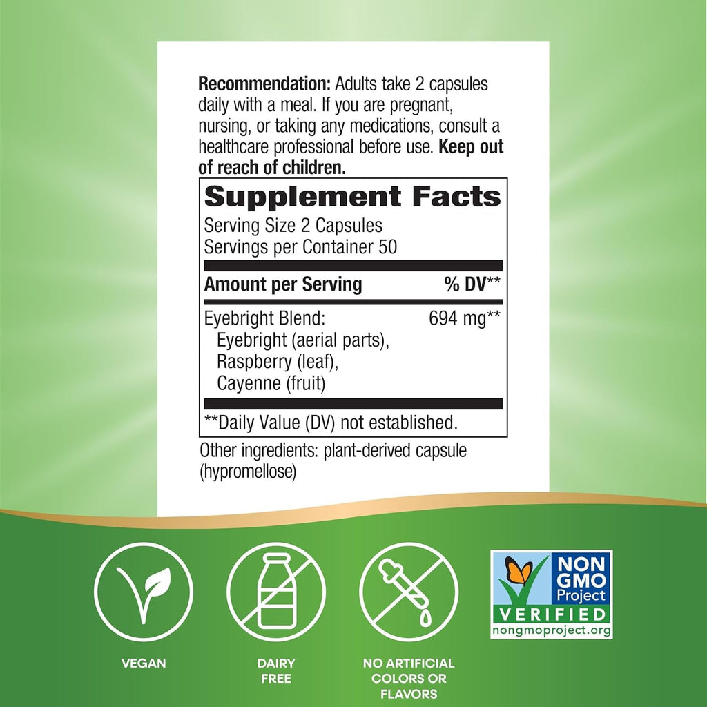 Nature'S Way Eyebright Herb Premium Blend, Herbal Blend, Non-Gmo Project Verified, Eyebright Supplement, Vegan, 100 Capsules (Packaging May Vary)