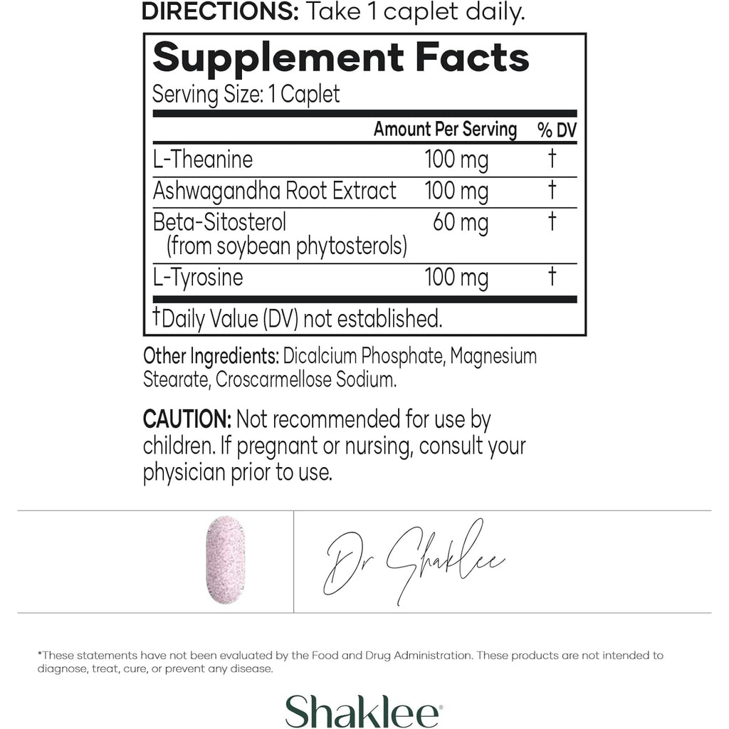 Shaklee - Stress Relief Complex - Calming Blend of L-Theanine, Ashwagandha, Beta-Sitosterol, and L-Tyrosine - Promotes Relaxation without Drowsiness - 1 Caplet Daily - Adults Supplement - 30 Caplets
