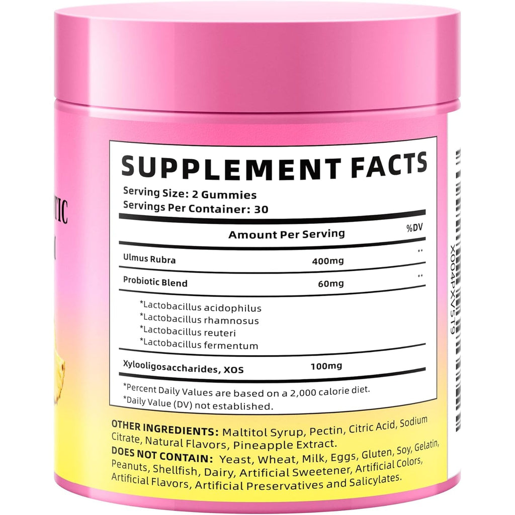 Women'S Probiotics Slippery Elm Gummies, Sugar-Free Feminine Probiotics Gummies Support Ph Balance, Gut Health & Immune System, Pineapple Flavor, 60 Count