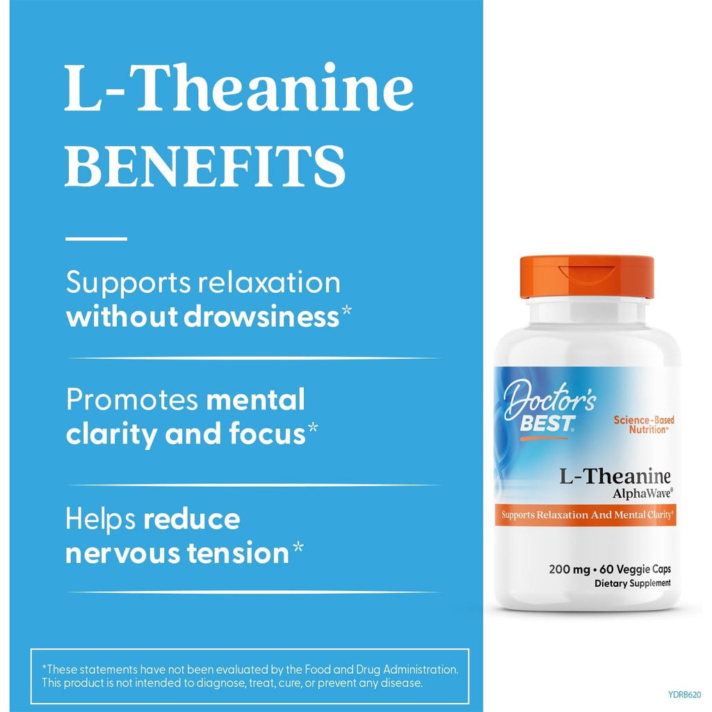Doctor'S Best L-Theanine Caps 200Mg for Men & Women - L Theanine Alphawave Supplement for Calm & Focus Support, Helps Reduce Stress, Vegan, Gluten Free, Soy Free, Non GMO - 60 Veg Capsules