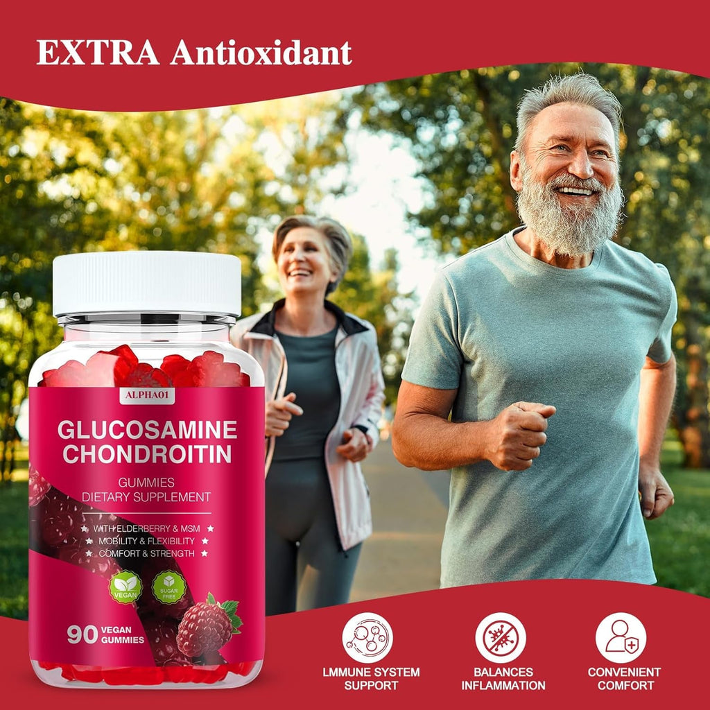 Glucosamine Chondroitin Gummies - 3000MG Extra Strength Joint Support Supplement with MSM & Elderberry, Flexibility, Antioxidant Immune Support Gummy for Adults, Men & Women - 90 Raspberry Gummies