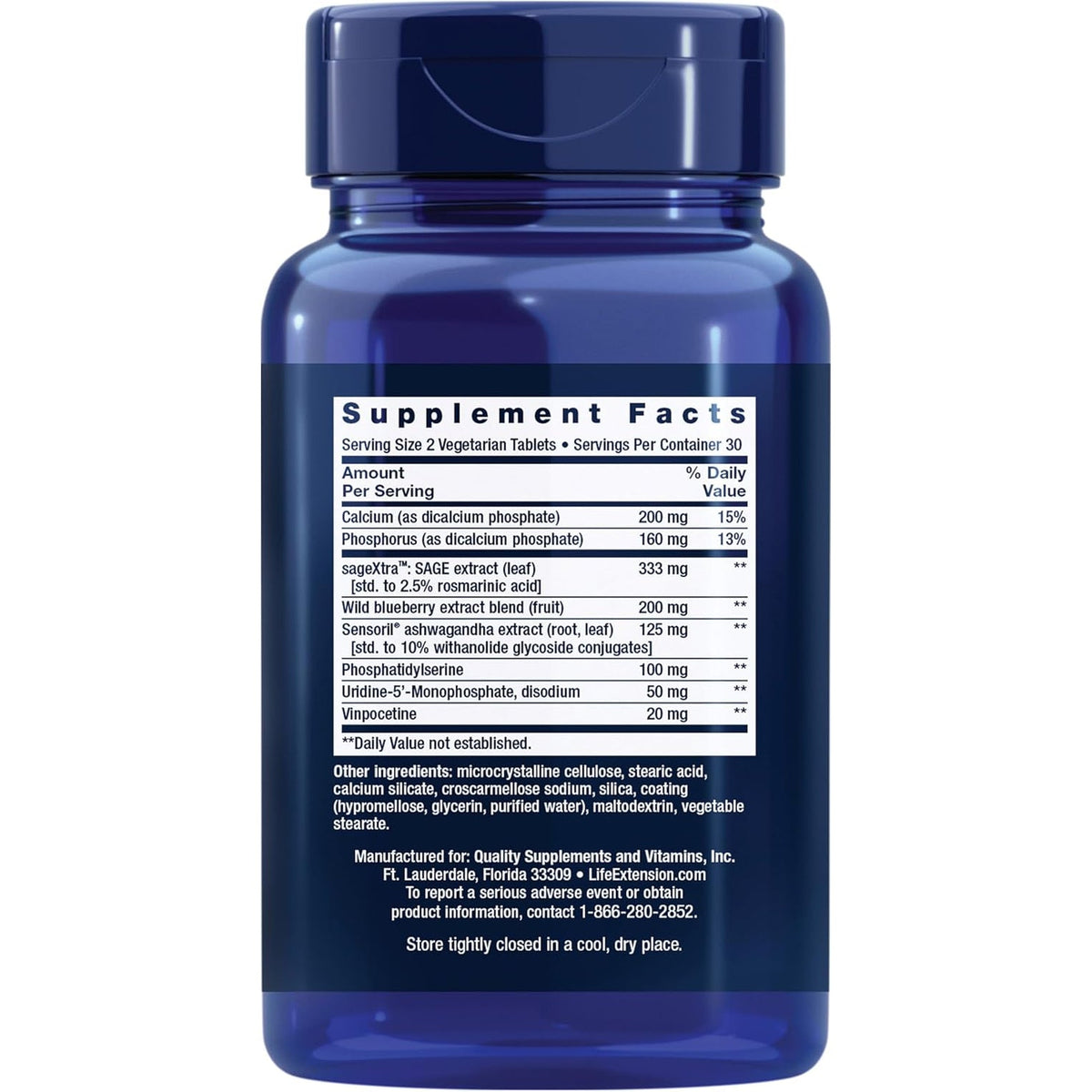 Life Extension Cognitex® Elite, Sage, Blueberry, Ashwagandha, Phosphatidylserine, Vinpocetine, Attention, Focus, Mood & Memory, Gluten-Free, Non-Gmo, Vegetarian, 60 Tablets
