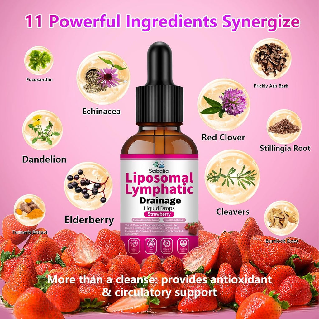 Liposomal Lymphatic Drainage Drops, 11-In-1 Organic Lymphatic Support with Red Clover Echinacea Elderberry Burdock Root for Lymph Cleanse Immune Support & Daily Detox Vegan Non-Gmo