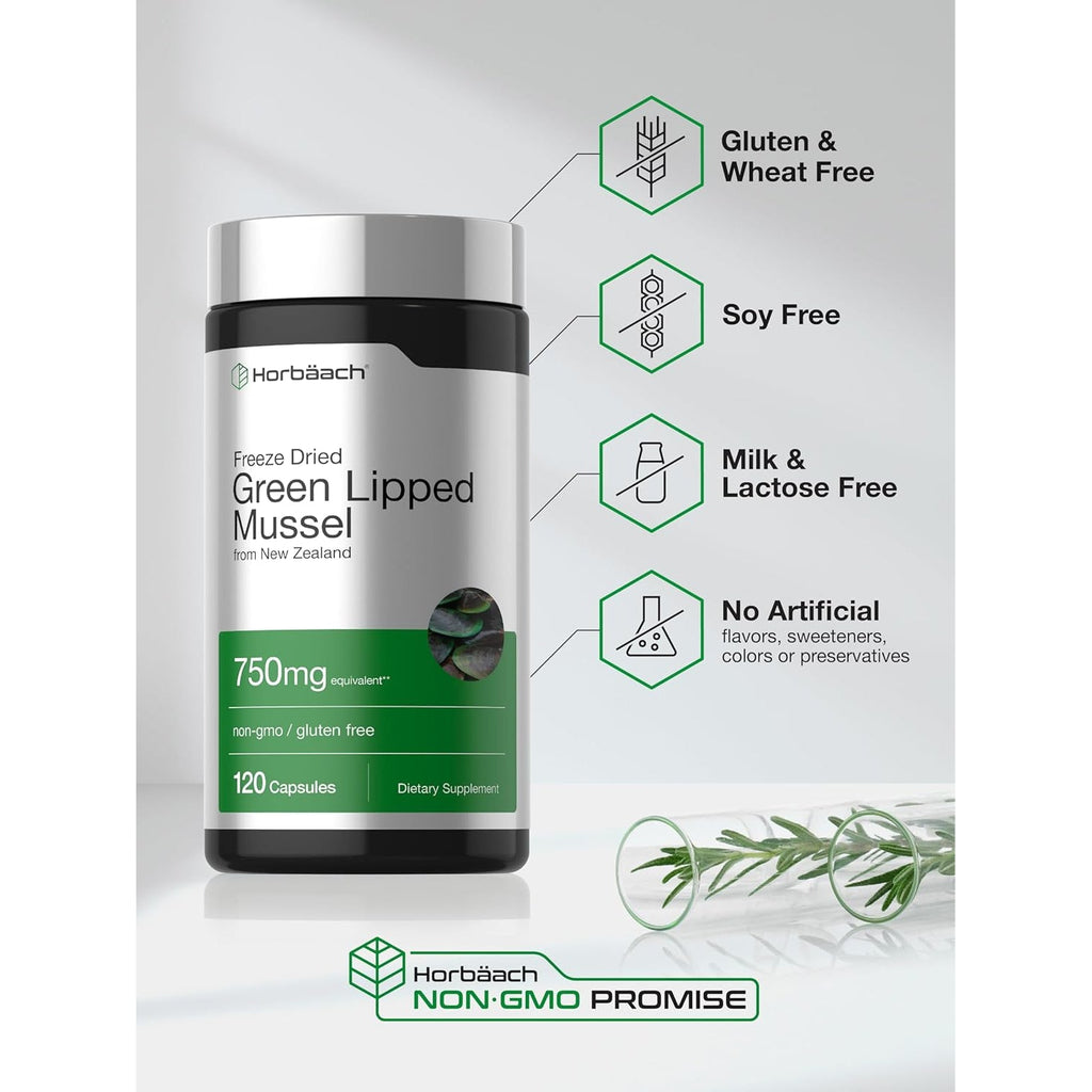 Horbäach Green Lipped Mussel |120 Capsules | from New Zealand | Premium Freeze Dried Mussel Powder | Non-Gmo and Gluten Free