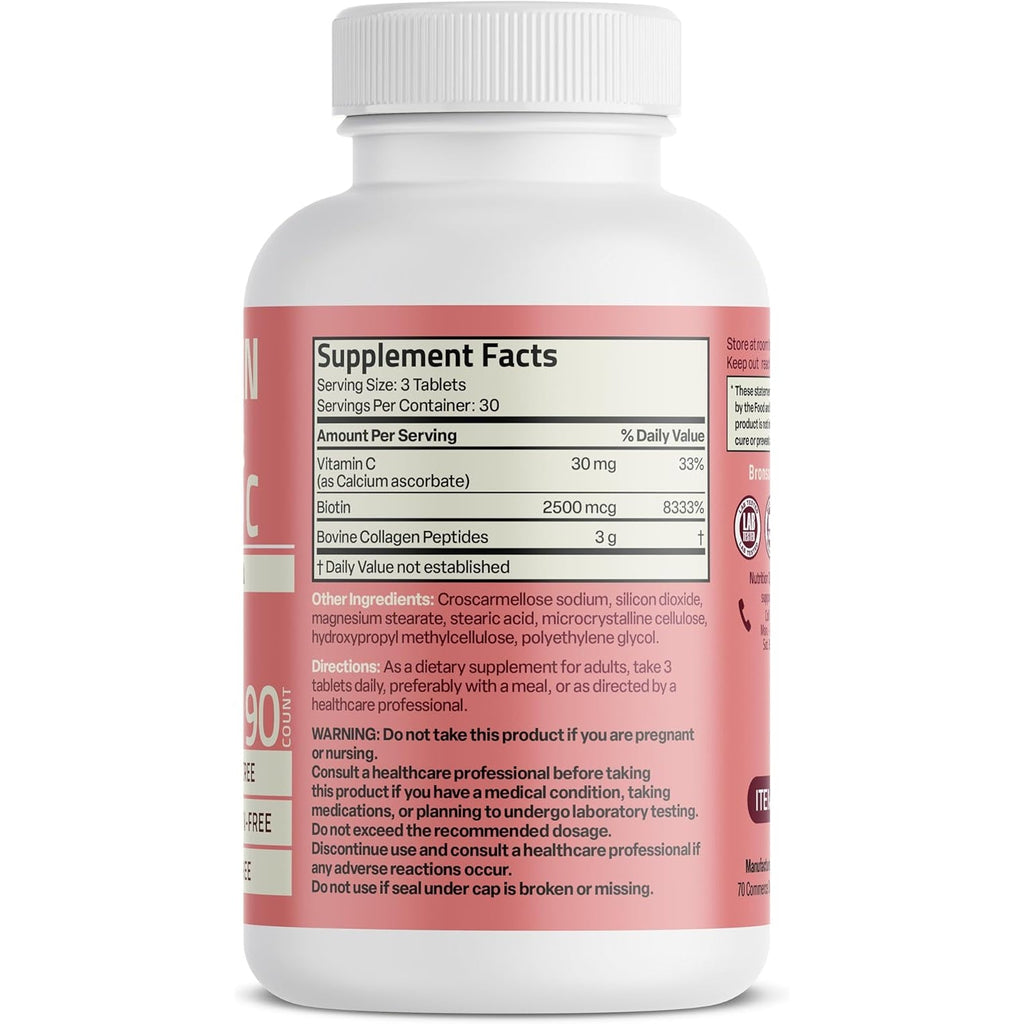 Bronson Collagen Peptides 3000Mg (Per Serving) with Biotin & Vitamin C - for Hair, Skin & Nails Support, Non-Gmo, 90 Tablets