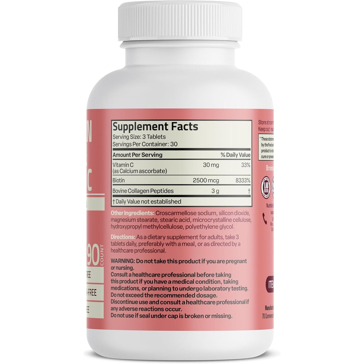 Bronson Collagen Peptides 3000Mg (Per Serving) with Biotin & Vitamin C - for Hair, Skin & Nails Support, Non-Gmo, 90 Tablets