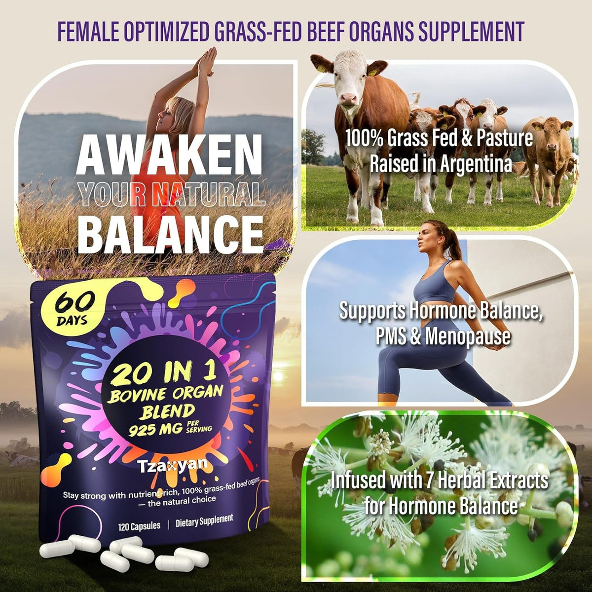 20-In-1 Beef Organ Supplement for Women, 925MG Grass Fed Beef Liver, Uterus, Ovary & 3 More with Maca, DIM, Black Cohosh, Vitamin & Mineral, Bovine Organ Capsules for Hormone Balance, Energy, 60 Days