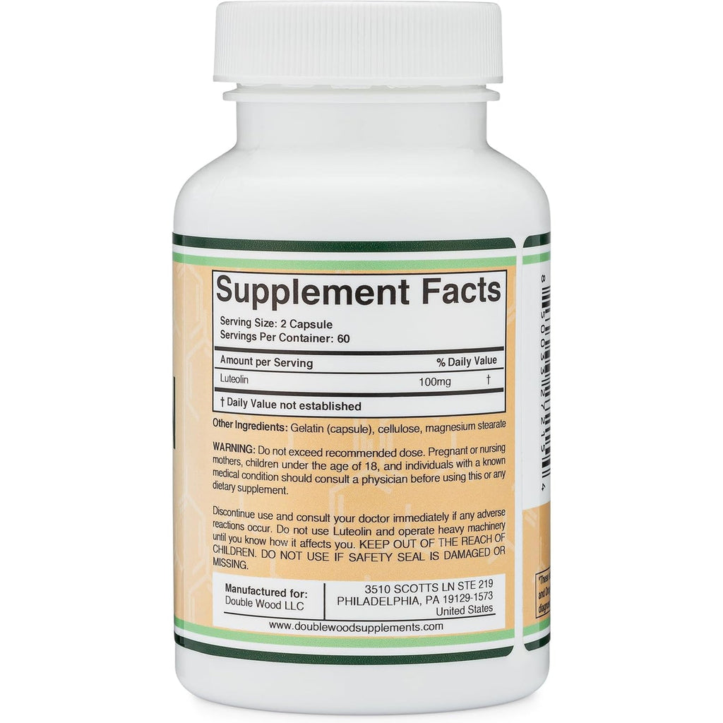 Double Wood Supplements Luteolin Supplement 100Mg Servings of Bioactive Flavanoids (120 Capsules, Gluten Free) Potent Polyphenols Flavonoid for Brain and Cardiovascular Support
