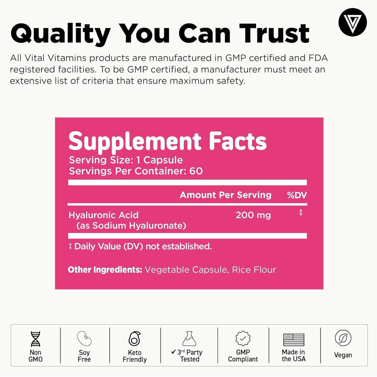Vital Vitamins Hyaluronic Acid Supplements - Made with 200Mg of Low Molecular Weight Hyaluronic Acid - Supports Skin Hydration & Elasticity from within - 60 Capsules, 60 Servings
