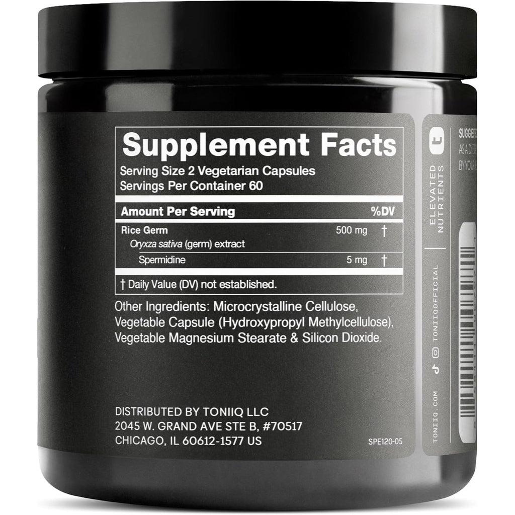 Toniiq Ultra Concentrated 500Mg Spermidine Supplements for Men and Women - Non-Synthetic Spermidine Standardized to No Less than 1% - 5Mg per Serving Rice Germ Extract