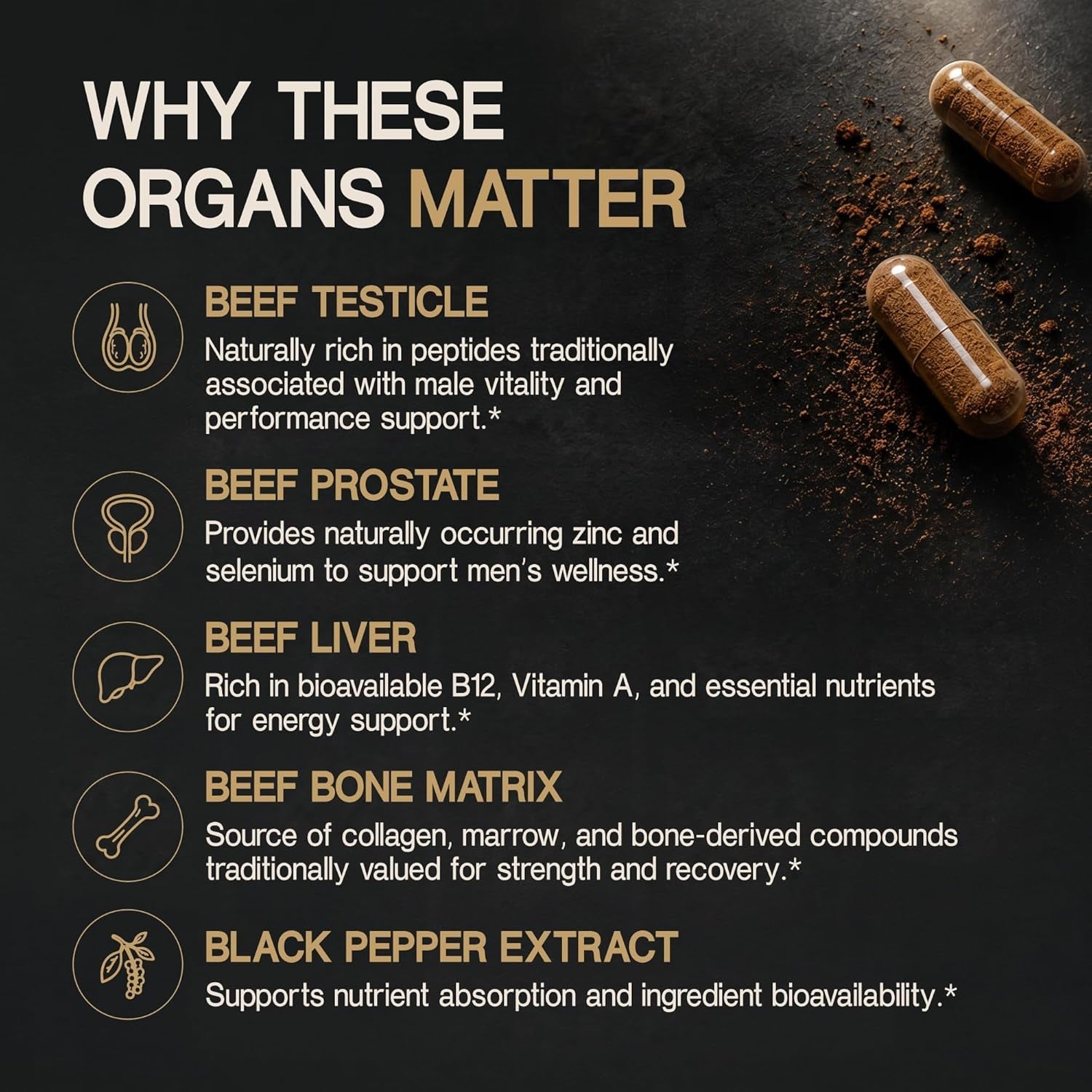 Beef Organ Supplement for Men 100% Grass Fed Beef Testicle, Prostate, Liver & Bone Matrix High Absorption with Black Pepper Non-Gmo, Hormone Free, Made in USA 90 Capsules