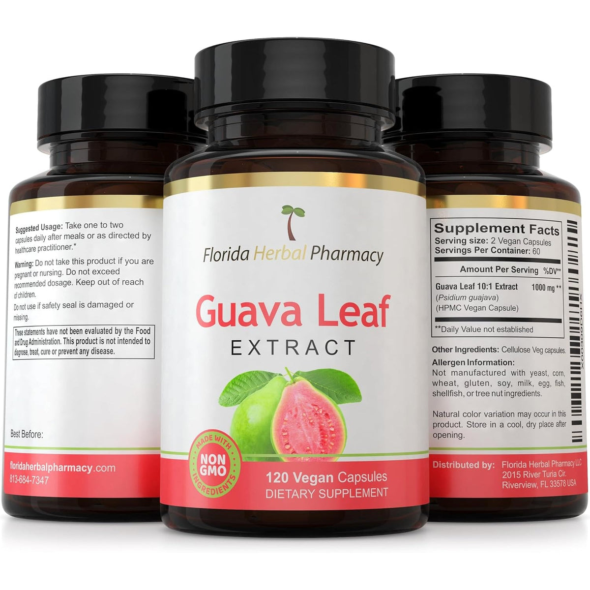 Florida Herbal Pharmacy, Guava Leaf Extract Supplement Capsules 10:1 (120 Capsules),Two Months Supply