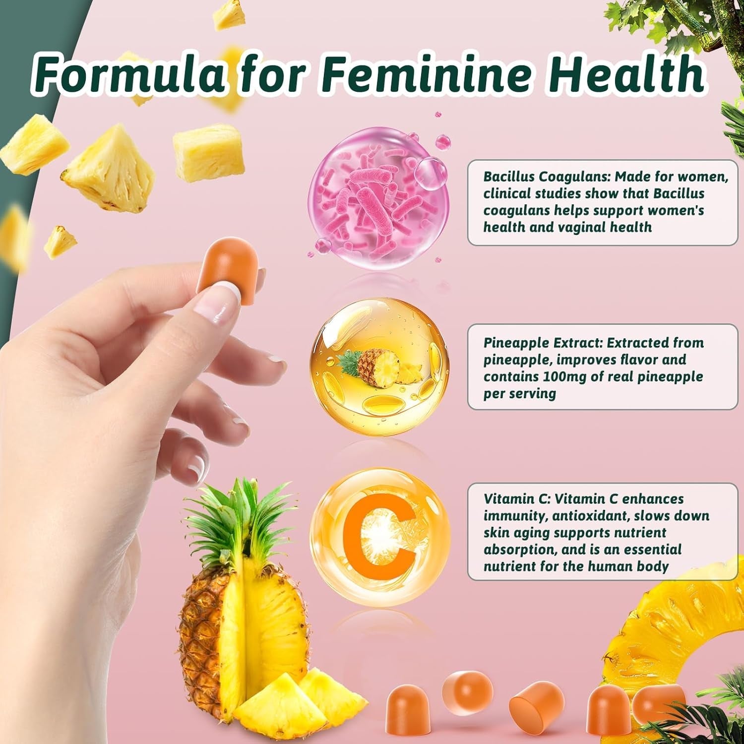 Feminine Balance Gummies for Women - Premium Balance Supplement for Women PH Health, Gut Healthy, Immune Support, Hawaiian Pineapple Flavor, 60 Gummies