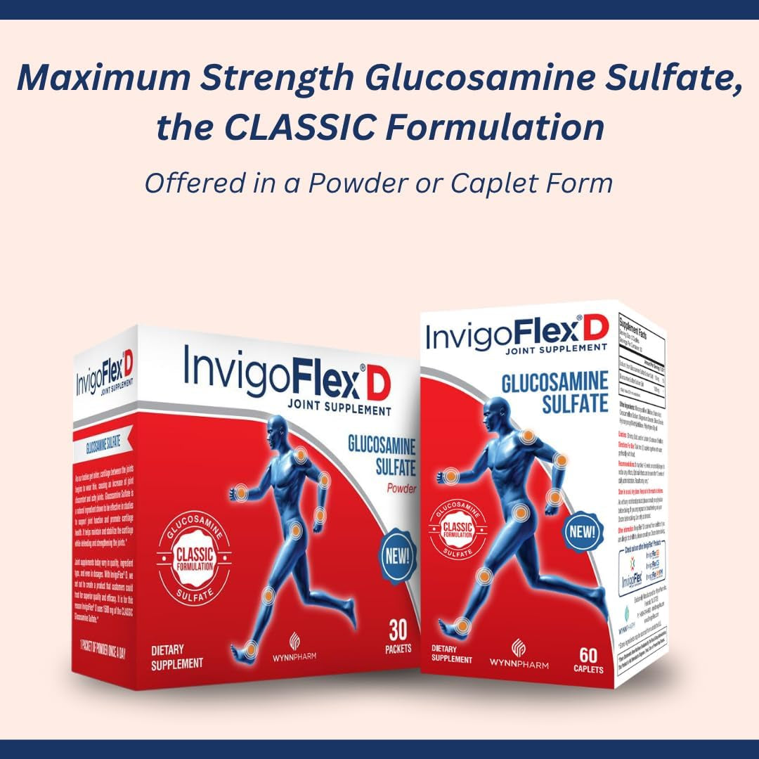 INVIGOFLEX® D - 1500Mg of Glucosamine Sulfate Powder (Classic Formulation) - Premium Joint Supplement for Knees, Hands, Back, and Hip Support Packets | 30 Packets
