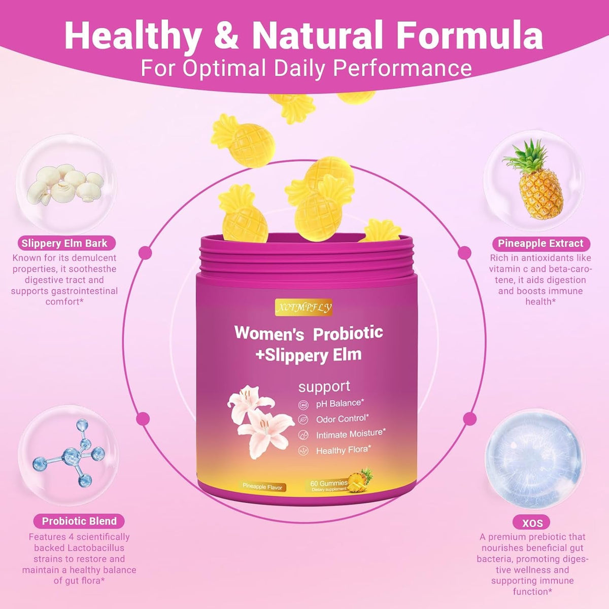 Her Juicy Feminine Probiotics Gummies for Women, with Slippery Elm, Supports Ph Balance, Gut Health & Immune System, Vegan, Gluten Free, Pineapple Flavor, 60 Count