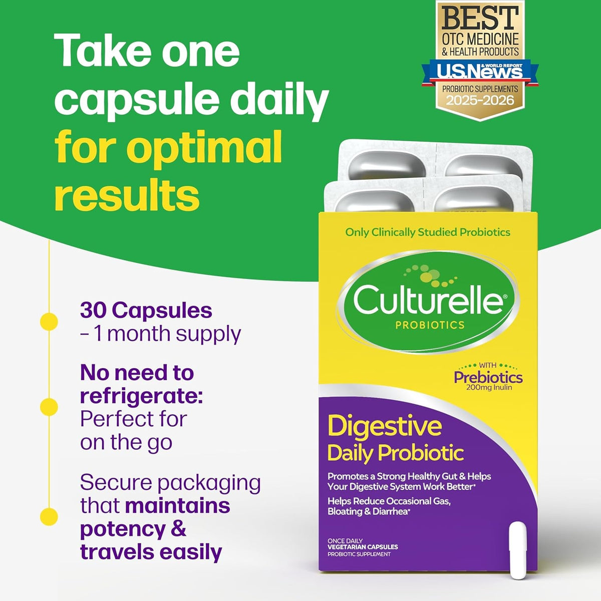 Culturelle Daily Probiotic Capsules for Men & Women, Most Clinically Studied Probiotic Strain, Digestive & Gut Health, Supports Occasional Diarrhea, Gas & Bloating, 1 Month Supply, 30 CT