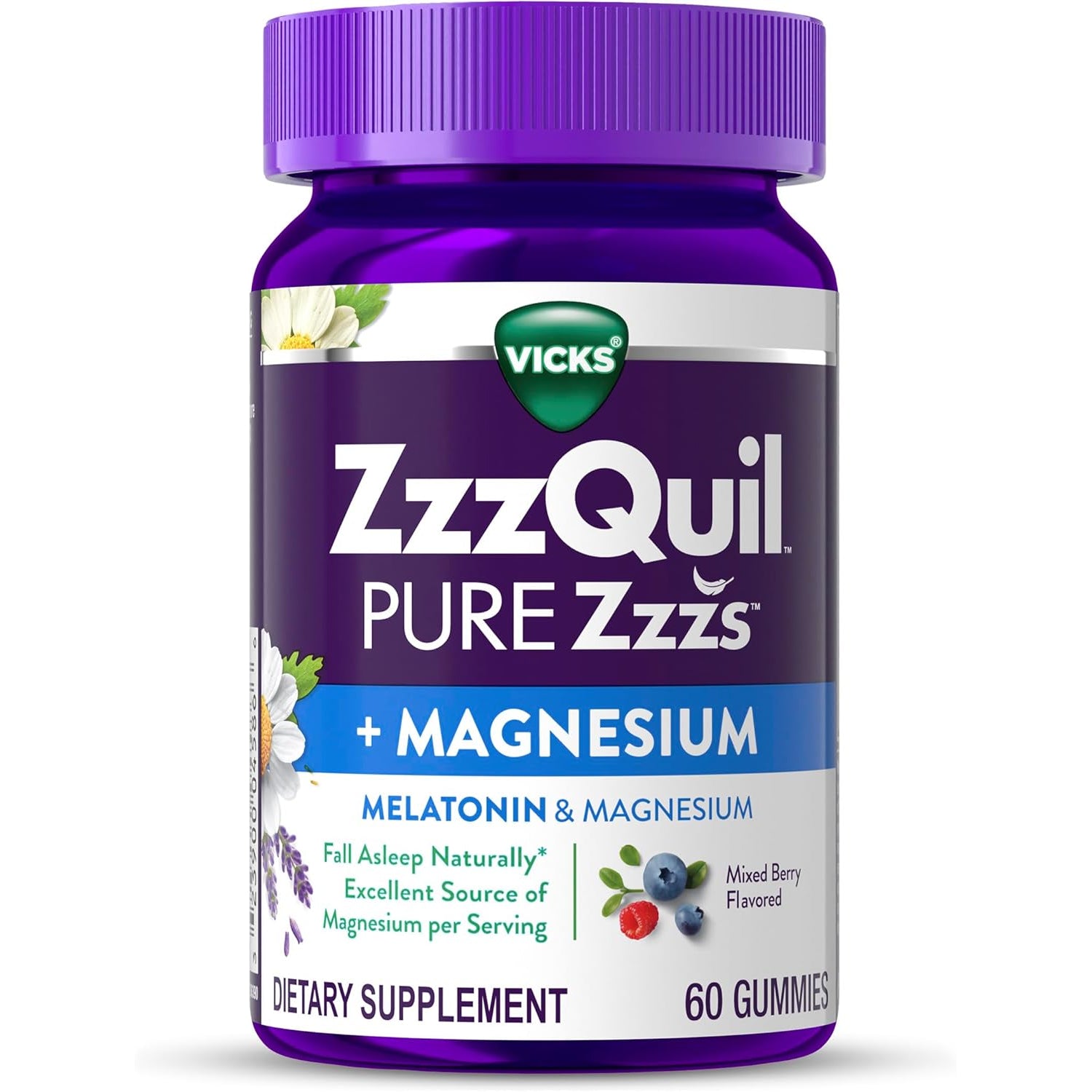 Zzzquil Pure Zzzs + Magnesium, Sleep Aid, Magnesium Citrate and Melatonin Gummies, Melatonin 2Mg, Sleep Aids for Adults, Mixed Berry Flavored, 60 Sleep Gummies