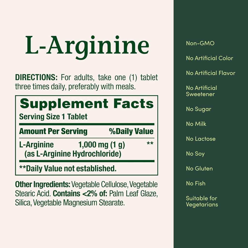 Nature’S Bounty L-Arginine 1000Mg for Supporting Blood Flow and Vascular Function – Non-Gmo, Gluten Free, 50 Tablets