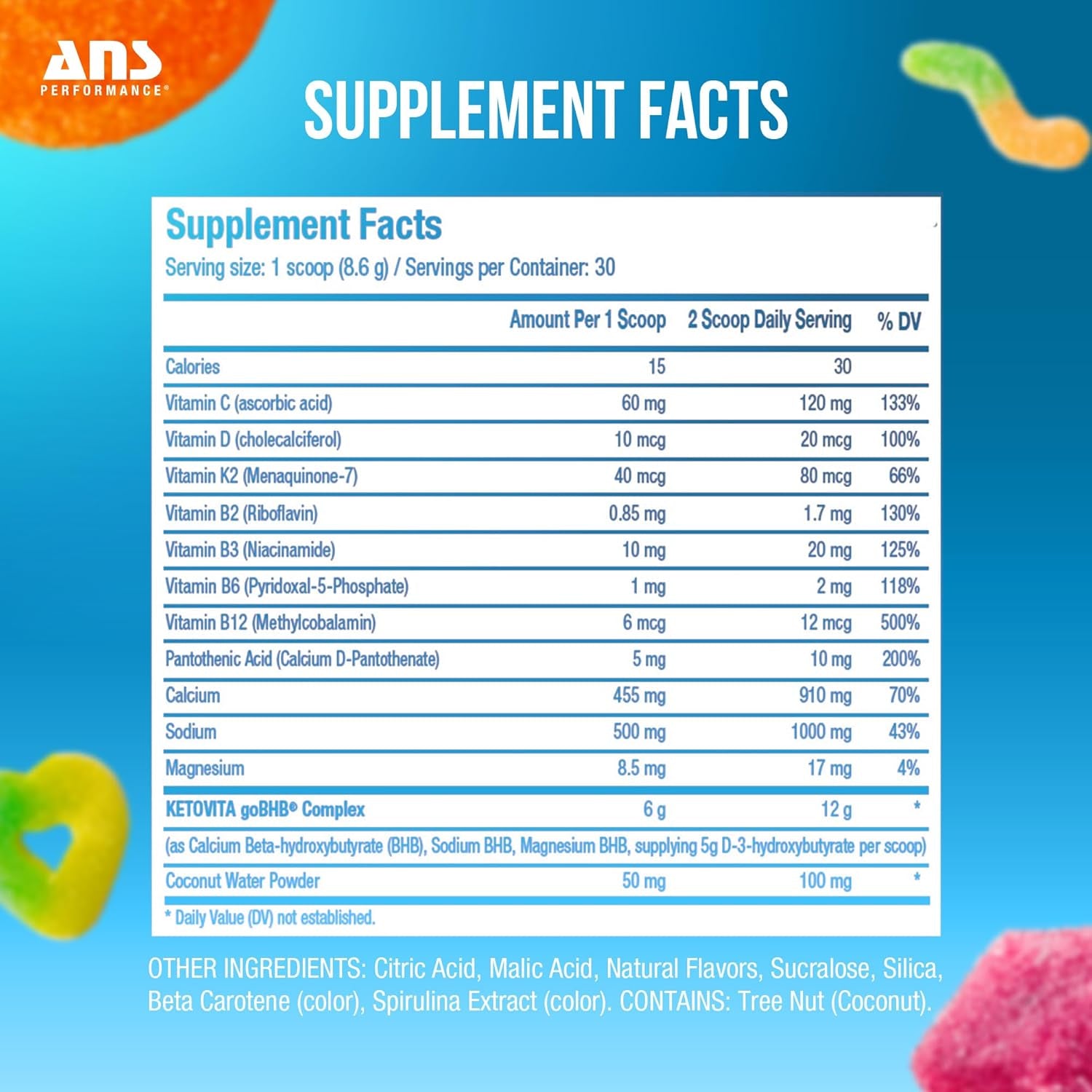 ANS Performance Ketovita Supplement Beta-Hydroxybutyrate Ketones Drink Powder with Zero Sugar and 30 Servings, Boosts Metabolism, Sour Gummy