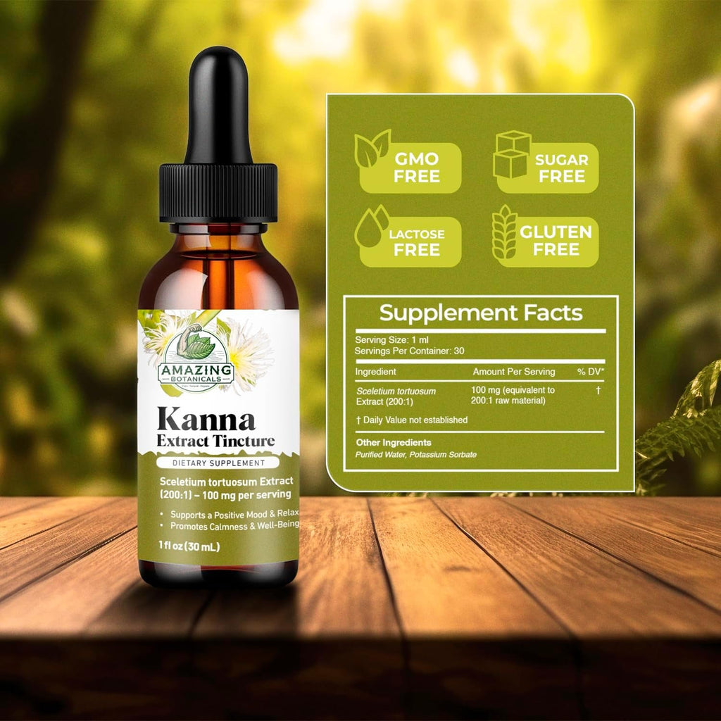 Amazing Botanicals Sceletium Tortuosum Kanna Extract Tincture 200X Menstrum – Liquid Supplement – 30Ml (1Oz)