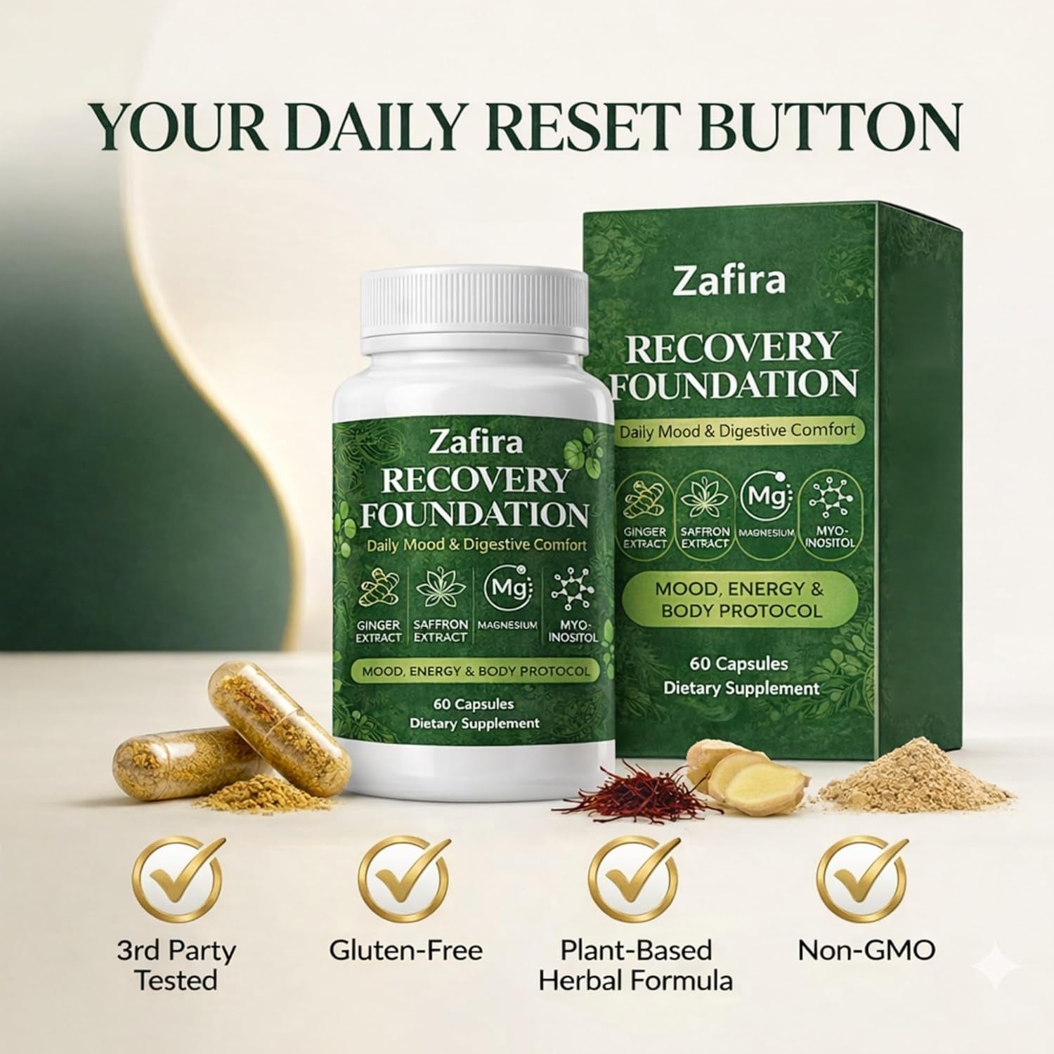 Zafira Recovery Foundation Capsules – Mental Clarity, Hair & Mood Support, Natural Herbal Formula with Saffron Extract, Ginger Extract, L-Theanine, Myo-Inositol, Non-Gmo, 60 Capsules