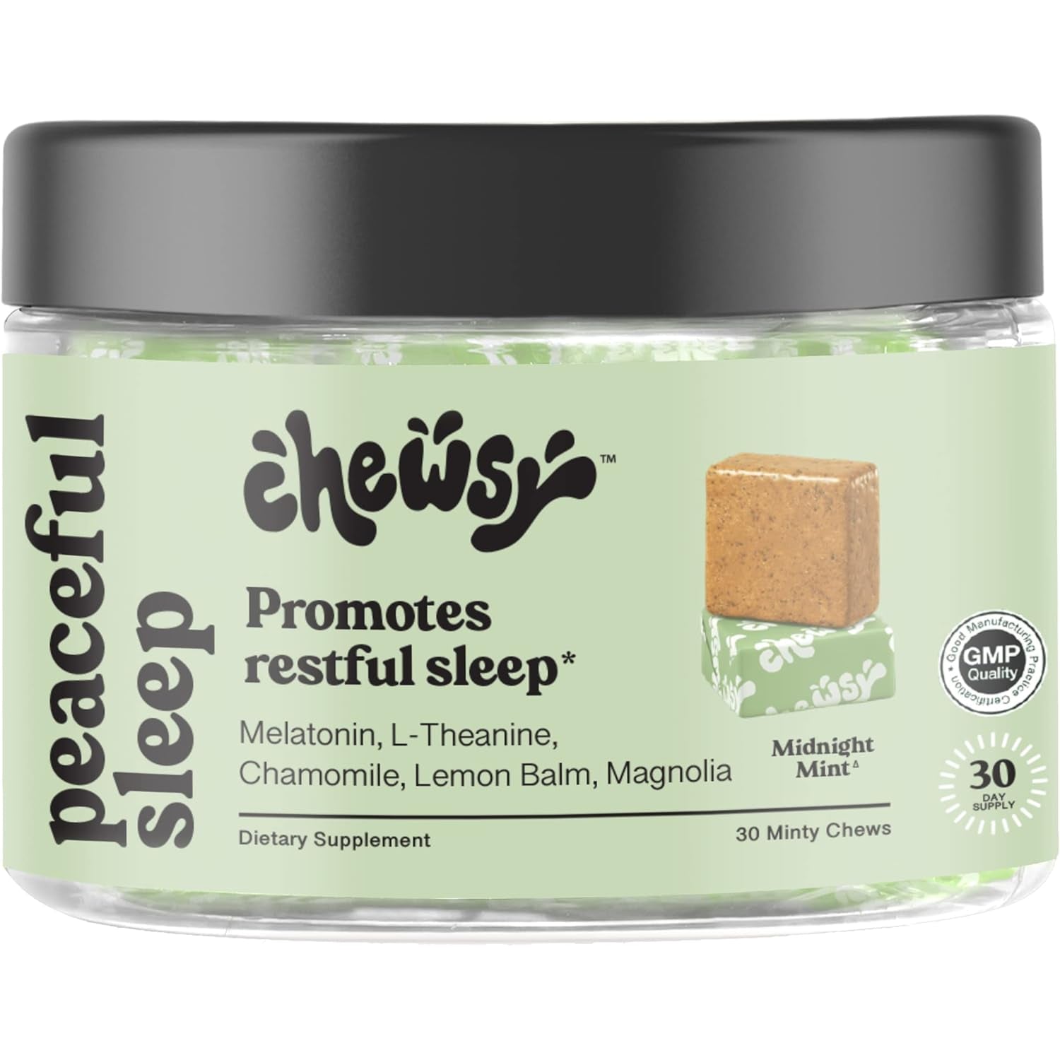 Chewsy Peaceful Sleep Chews, Sleep Support, 3 Mg Melatonin, 200 MGS L-Theanine, Chamomile, Lemon Balm, Magnolia, Nighttime Sleep Aid, Naturally Minty Chews, Promotes Restful Sleep, 30-Day Supply (1)