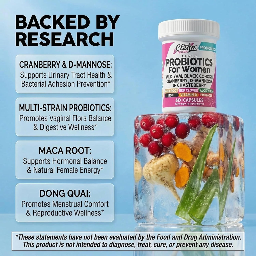 Clean Nutraceuticals Probiotics for Women with D Mannose, Cranberry Extract, Wild Yam, Chasteberry - 20 Probiotic and Prebiotic Strains - PH Balance, Womens Probiotic for Digestive Health - 60 Count