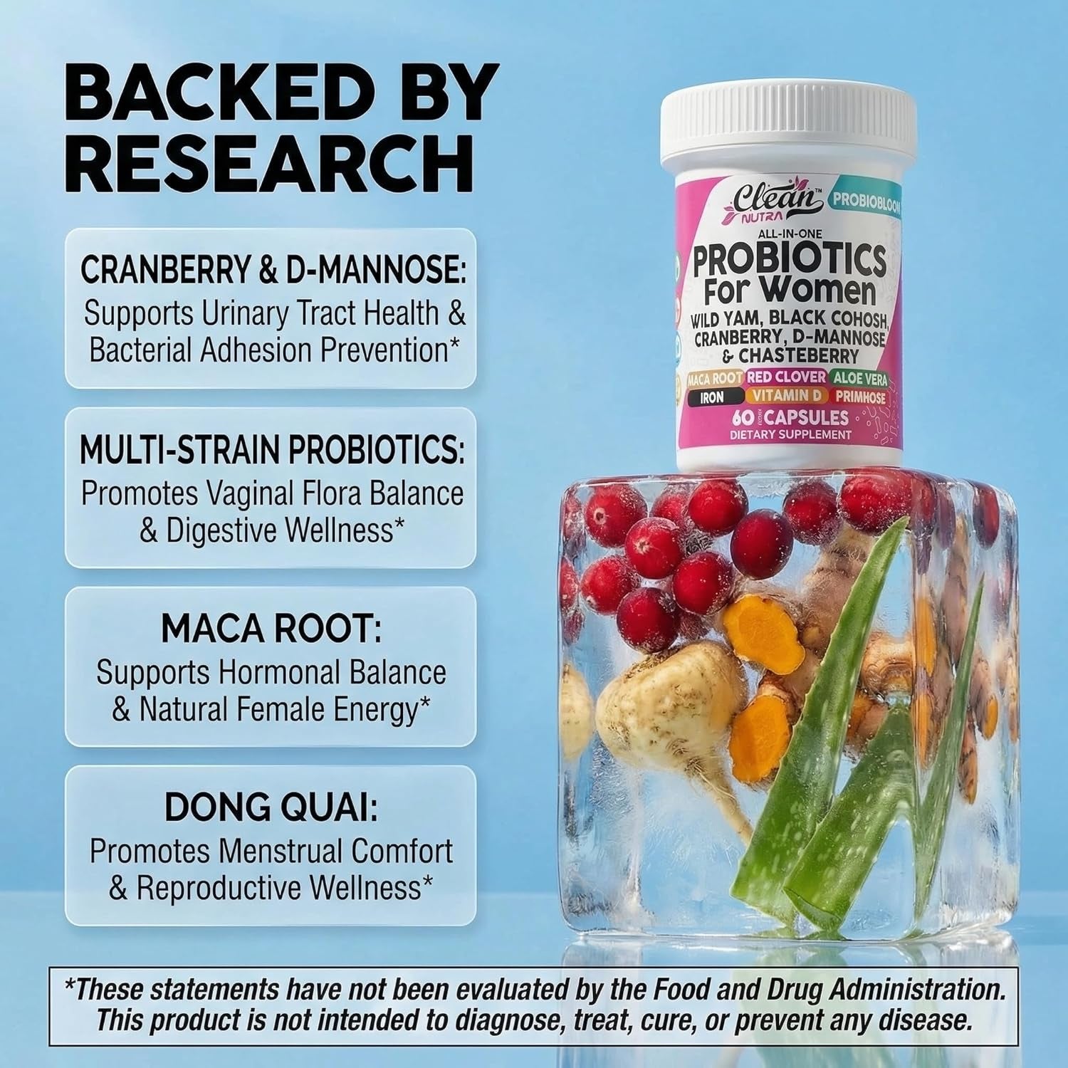 Clean Nutraceuticals Probiotics for Women with D Mannose, Cranberry Extract, Wild Yam, Chasteberry - 20 Probiotic and Prebiotic Strains - PH Balance, Womens Probiotic for Digestive Health - 60 Count