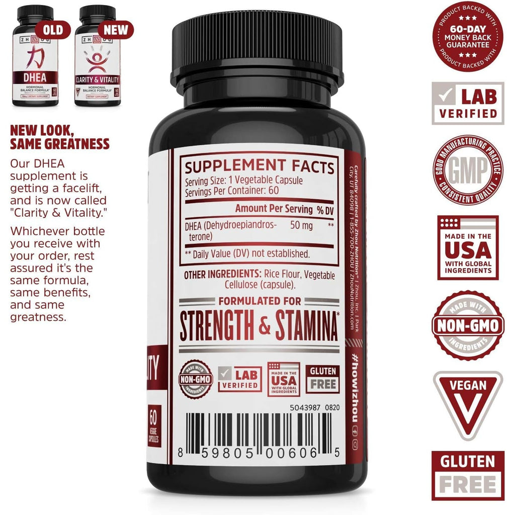 ZHOU Clarity & Vitality - DHEA Supplement for Women and Men, 50Mg Pure DHEA for Hormonal Balance, Healthy Aging Support, Vegan - 60 Veggie Capsules (Pack of 1)