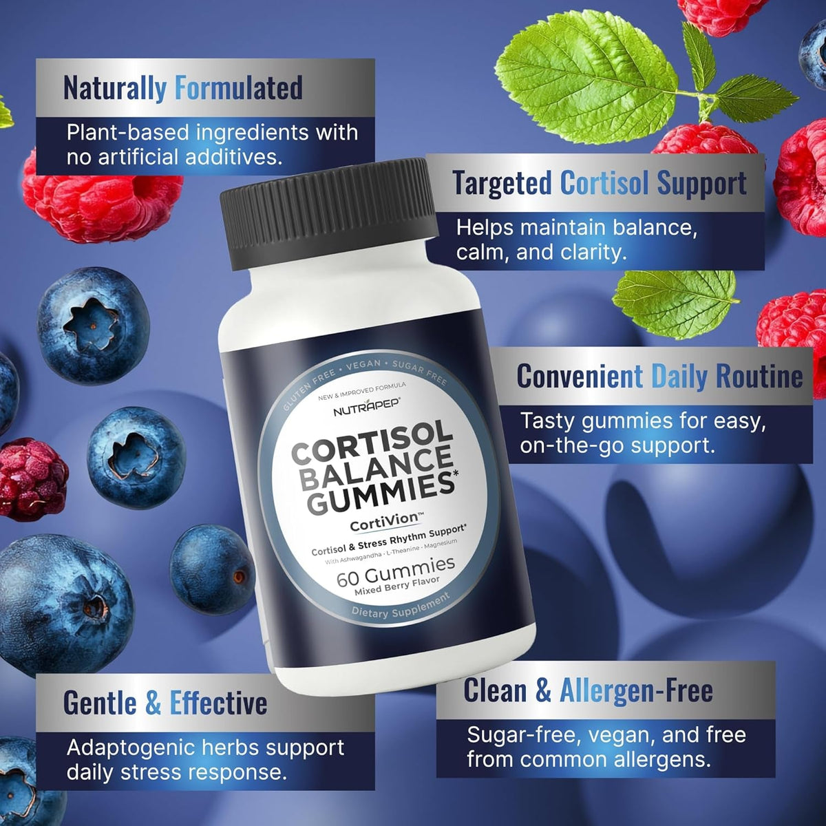 Nutrapep Cortisol Gummies for Women Men - 13-In-1 High Cortisol Reducer with Ashwagandha Magnesium L-Theanine Rhodiola Rosea - Daily Cortisol Detox Manager for Stress Focus Support - Vegan Sugar Free