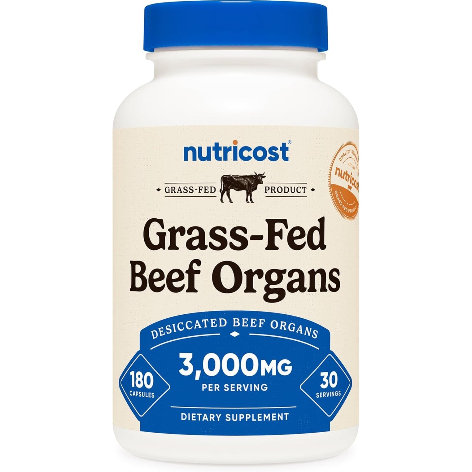 Nutricost Grass Fed Beef Organs Supplement (3,000Mg) 180 Capsules - Desiccated Bovine Organ Complex for Men and Women, Gmo-Free, Gluten-Free, 30 Servings