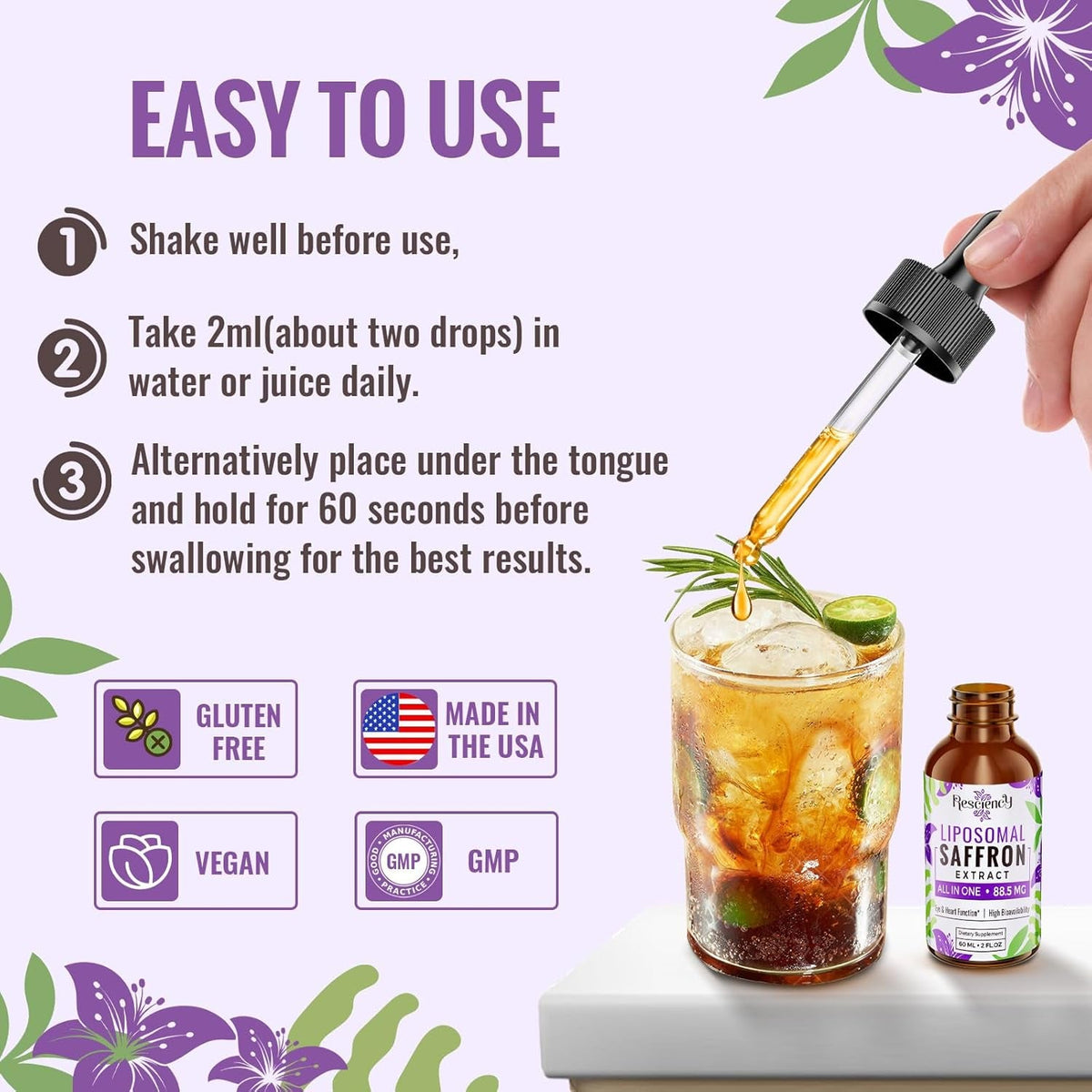 Resciency Liposomal Saffron Supplements Drops 88.5Mg – High Bioavailability Liquid Saffron Extract for Mood Support, Energy, Focus & Vision with Ashwagandha, Magnesium, Zinc, B12 & D3, 2 Fl Oz