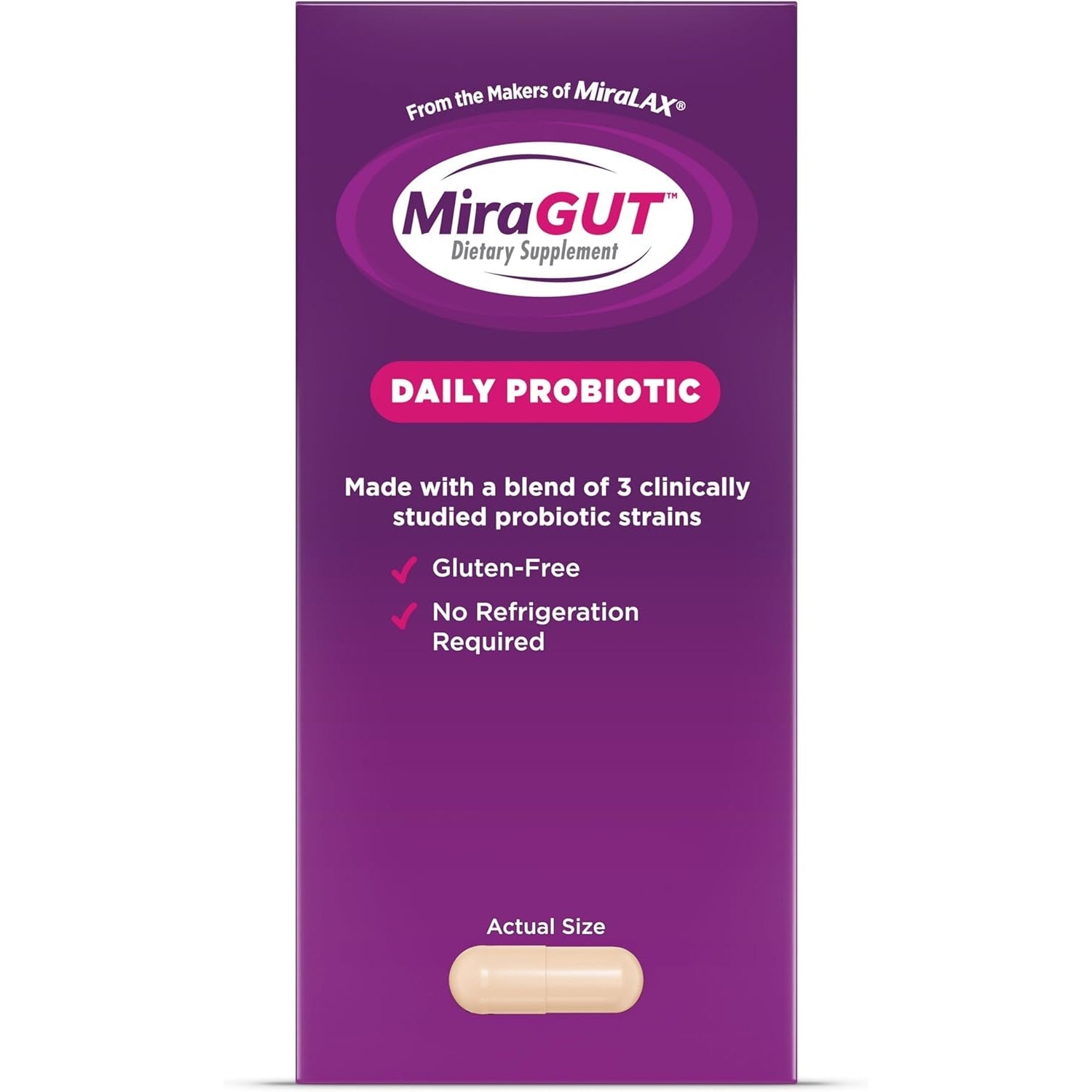 Miragut Daily Probiotic, from the Makers of Miralax, Probiotics for Digestive Health, Gluten-Free Supplement, Probiotic for Women and Men, Support Overall Digestive Health, 30 Ct